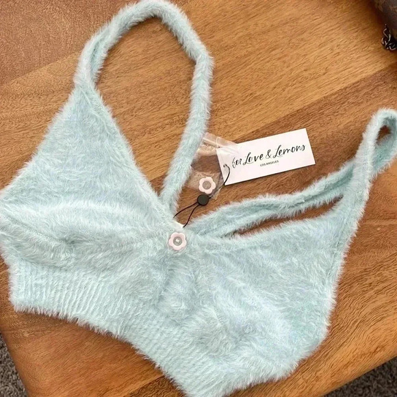 For Love And Lemons Tops - NWT For Love & Lemons Devon Mohair Crop
Top Large Baby Blue Luxe Plush Bralette